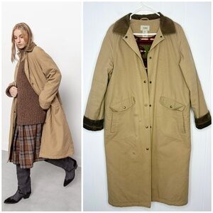 Vintage L.L. Bean Aztec Print Lined Beige Trench Chore Overcoat Jacket Women’s M